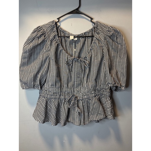 Joie Tops - NWT Anthropologie Joie Gingham Puff Sleeve Peplum Blouse Black White Top Size L